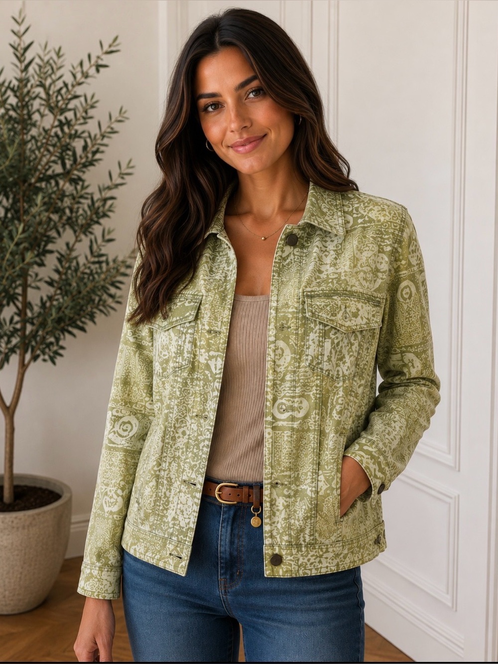 Chico's Jacket 98% Cotton Green/Olive and White Boho Print  Chico’s Size 2